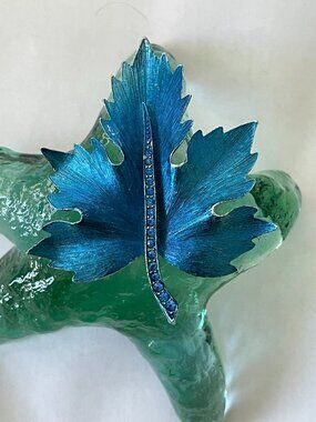 Blue Maple Leaf Brooch with Rhinestones